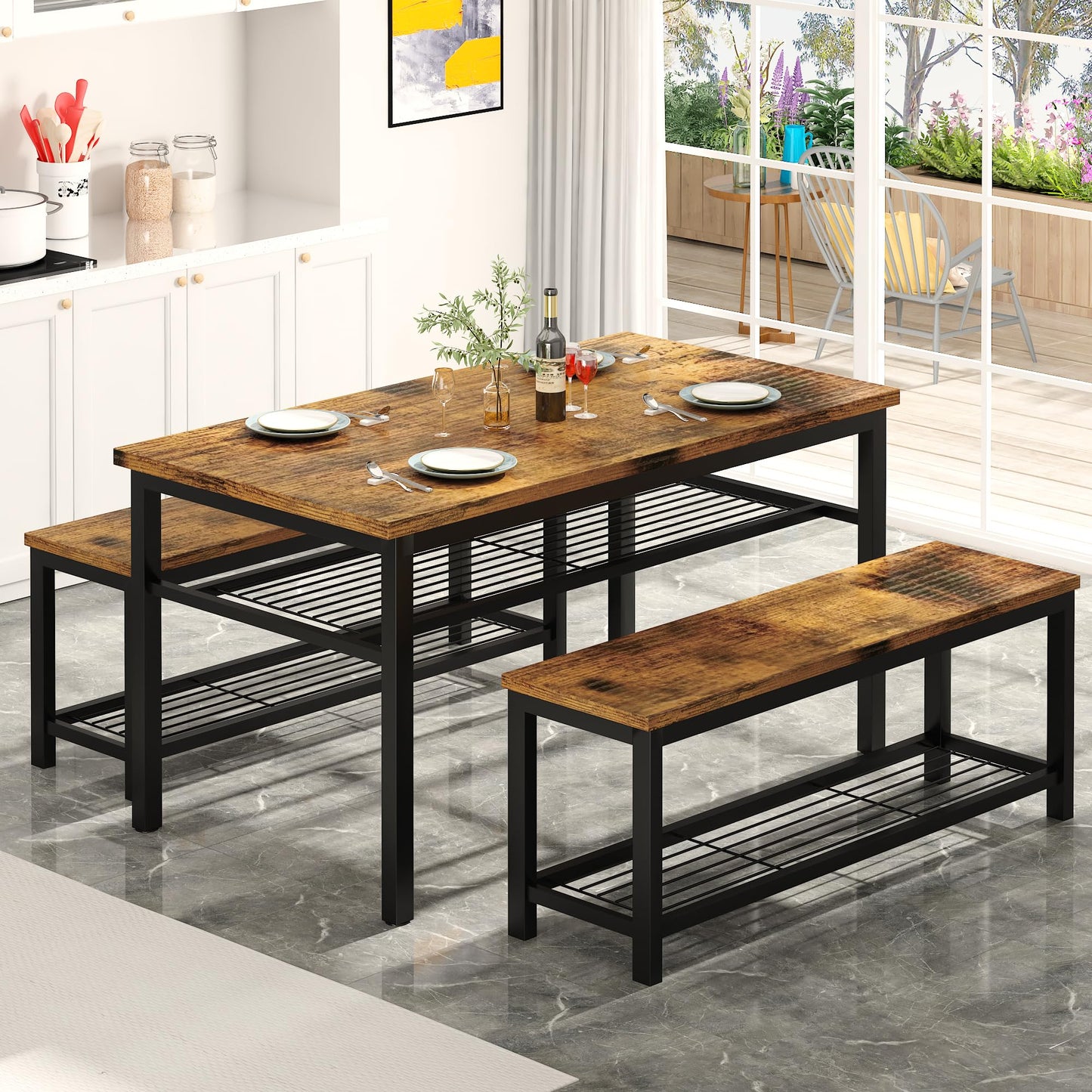 Lamerge 3-Piece Dining Table Set, Industrial Kitchen Table and Chairs Set for 4, Dining Table and 2 Benches with Storage Shelf, Dining Table Set for Dining Room Kitchen, Rustic Brown