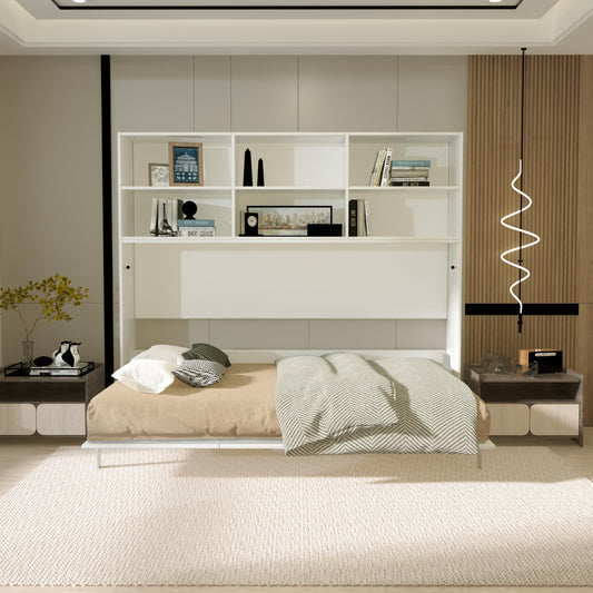 Jintop Twin Size Horizontal Murphy Bed with Double Layer Shelf Storage,Wood Wall Cabinet Hideaway Platform Bedframe W Gas Struts,for Bedroom or Guestroom,White