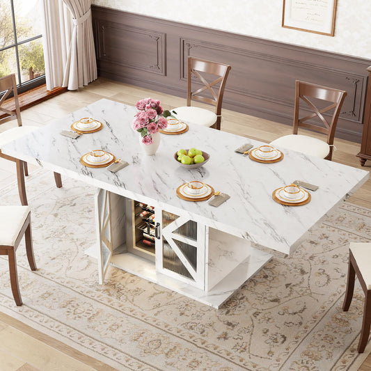 LVB Modern Dining Table for 4 to 6, White Rectangle Kitchen Table with Storage, Wooden Pedestal Dining Room Table with Fridge Space, Large Dinner Tables for Home,Living Room,White Faux Marble, 63 Inch