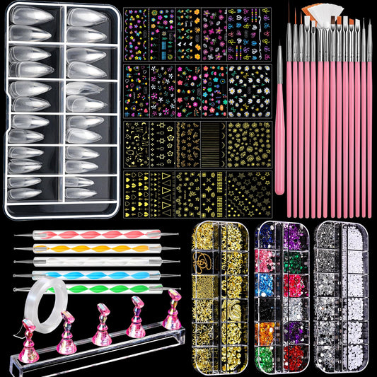 FANDAMEI Nail Art Brushes, Nail Art Kit with Nail Art Brush, Dotting Tools, Nail Rhinestones Pearls, Nail Charms and Gems, Nail Stickers for Women Decals, Nail Stand for Press on, Nail Design Kits