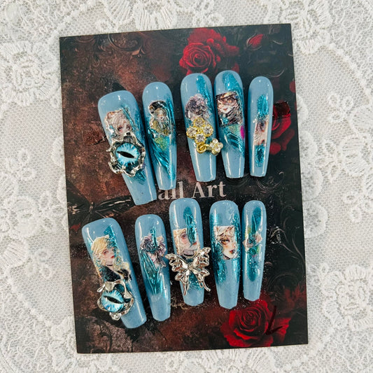 Press on Nails Handmade Nails 10Pcs Dark Gothic Style Manual Press on Nails Blue Sculpture Fake Nails for Women Party Holiday Photo 4.0CM Size L