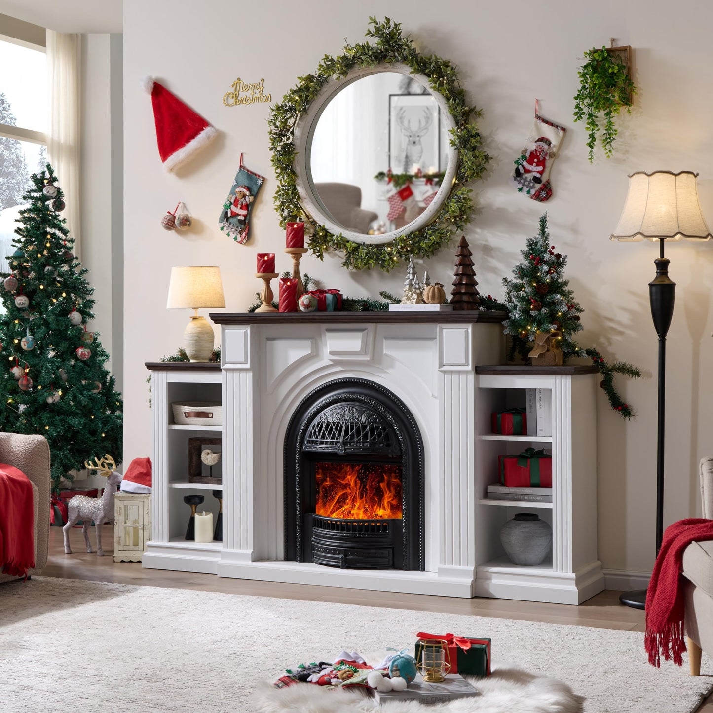 Electric Fireplace with Mantel, 76" Electric Fireplace, Birdcast Fireplaces Entertainment Center TVs Up to 90", Fireplaces TV Stand with 30" Insert Heater with 3D Flame for Living Room, 1400W/750W