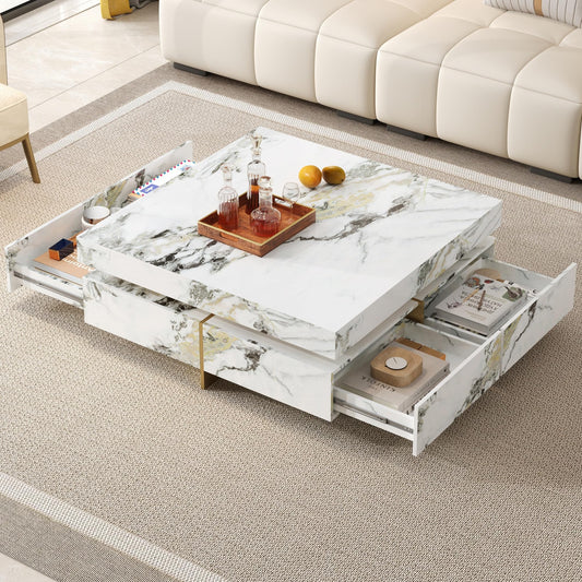Merax 43.3 Inch Modern Large Square Coffee Table with Marble Textured Top, 4 Built-in Drawers Ample Storage and Floating Suspended Base, Modern Elegance White MDF Storage Center Table for Living Room