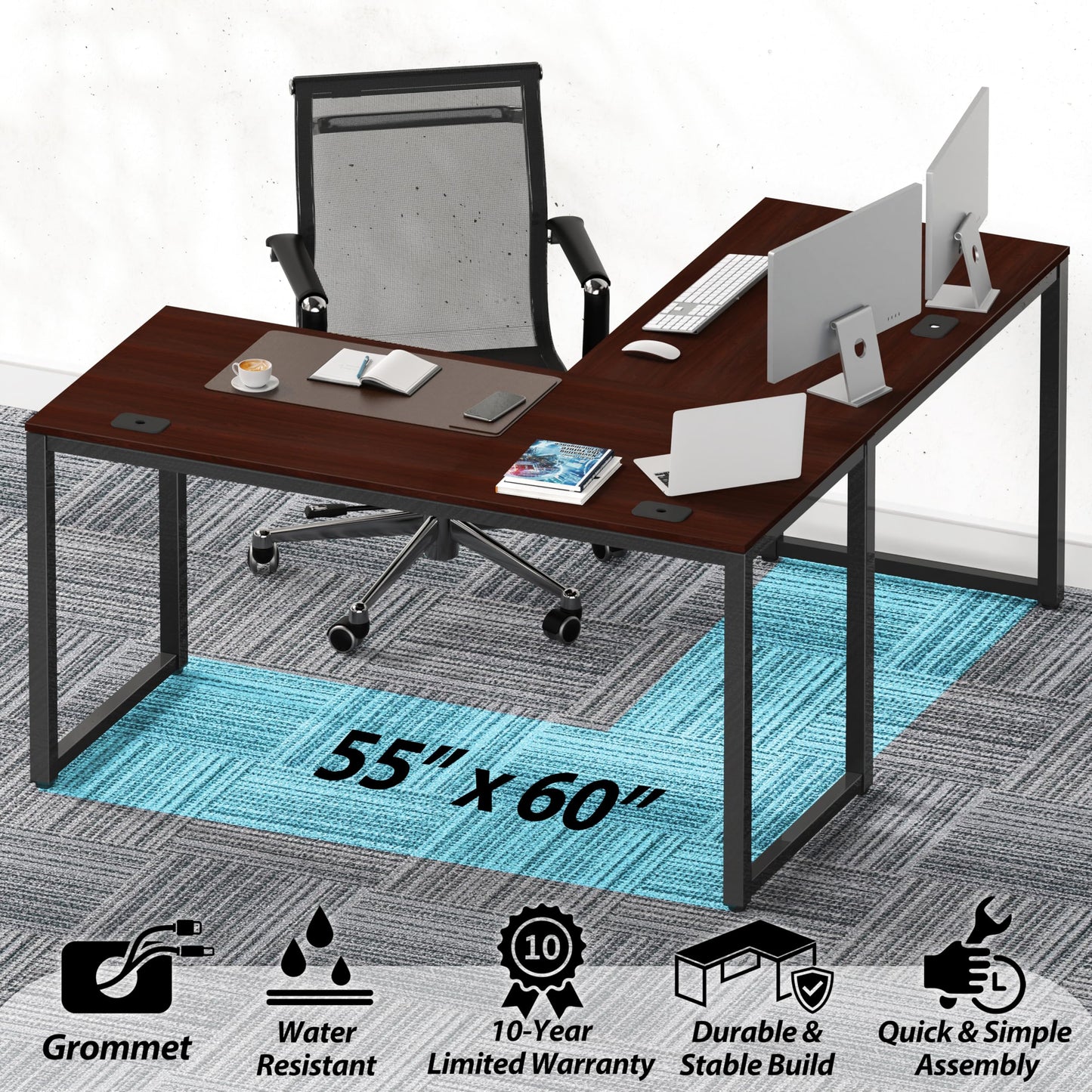 SHW 55 x 60 Inches Commercial-Grade L-Shape Corner Office Computer Desk, Cherry