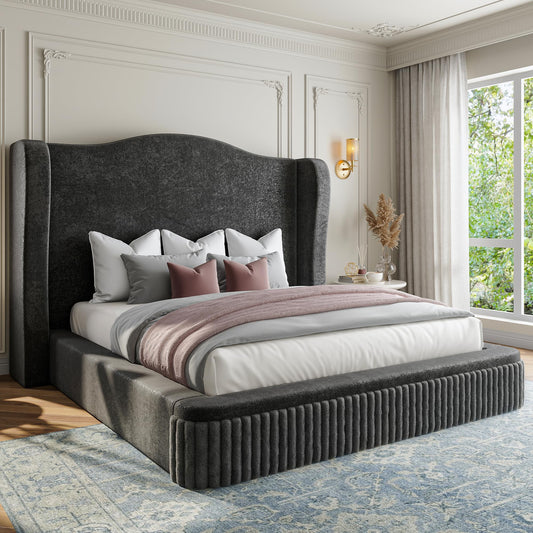 Homkdom Cloud Bed Frame Queen Size, Upholstered Platform Bed with Extra High Wingback Headboard, Shimmering Fabric & Thick Corduroy Design for Stability, No Box Spring Needed, Easy Assembly, Black