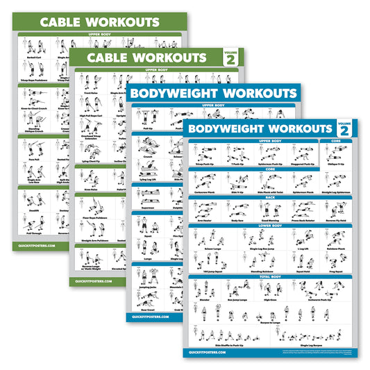 Palace Learning 4 Pack - Cable Machine Workout Posters Volume 1 & 2 + Bodyweight Exercises Chart Volume 1 & 2 (LAMINATED, 18" x 24")