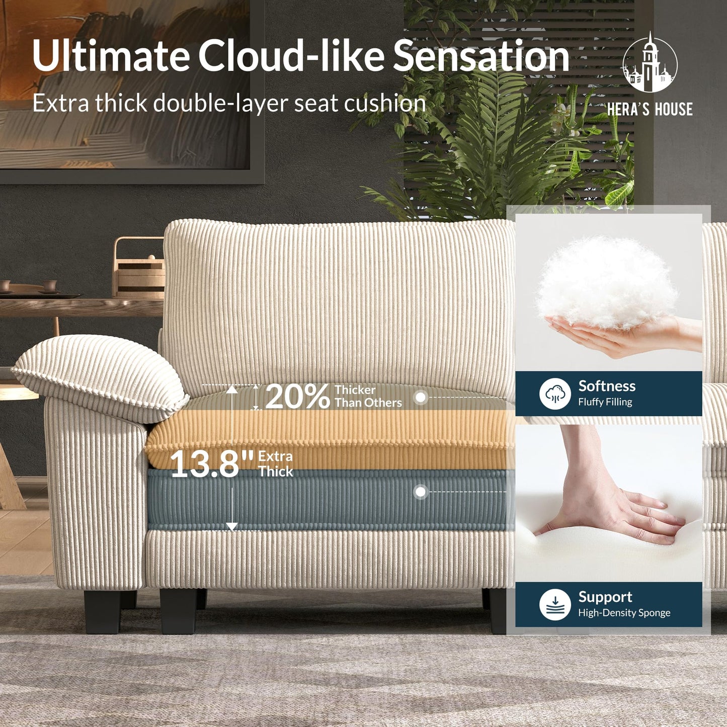 HERA'S HOUSE 124" Modular Sectional Sofa, Oversized L Shaped Couches for Living Room, Comfy Cloud Couch with Ottoman, 4-Seater Deep Seat Sofa with Throw Pillow, Corduroy Beige
