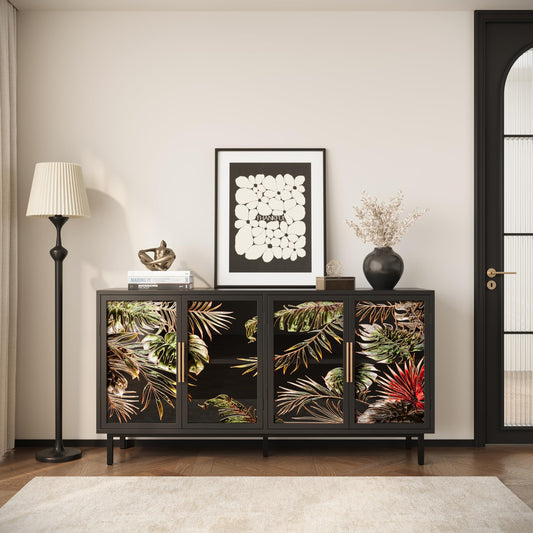 GDFStudio 60.3" Retro Buffet Sideboard Cabinet with 4 Glass Doors, Modern Glazed Painting Art Storage Cabinet Console Table, Artistic Tropical Glass Credenza Buffet for Living Room Dining Room, Black