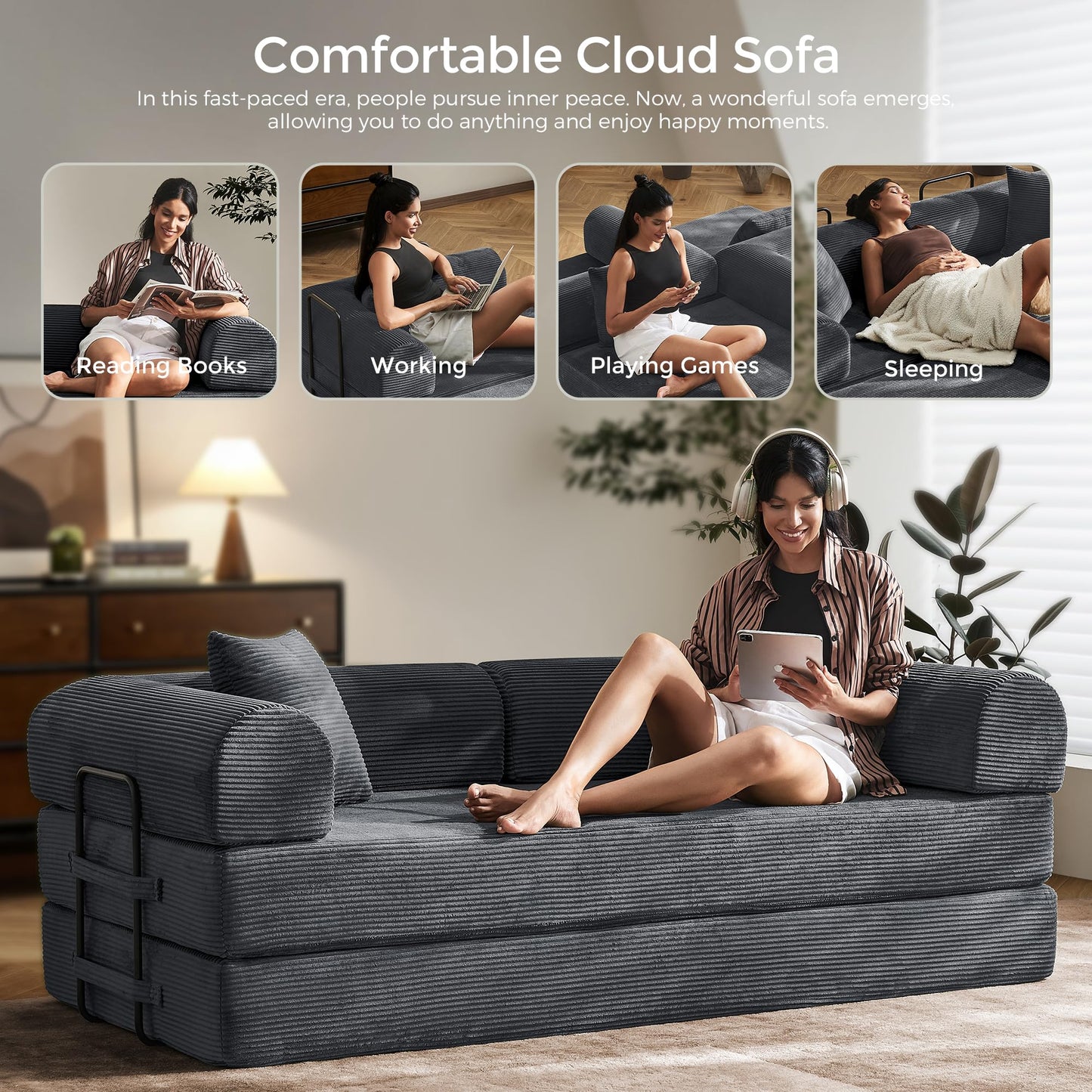 SAVENICA 79" Floor Sofa Bed, 5-in-1 Convertible Sleeper Sofa with Removable Armrests, Corduroy Fabric Sofa Couch, No Assembly Required for Living Room, Dorm, Studio (Dark Gray)