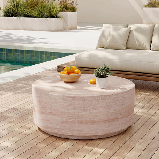 Christopher Knight Home Helen 27.5" Round Coffee Table, MGO Side Table for Patio Furniture Set, Modern Accent Table for Both Indoor and Outdoor Use, End Table for Patio/Deck/Garden, Travertine