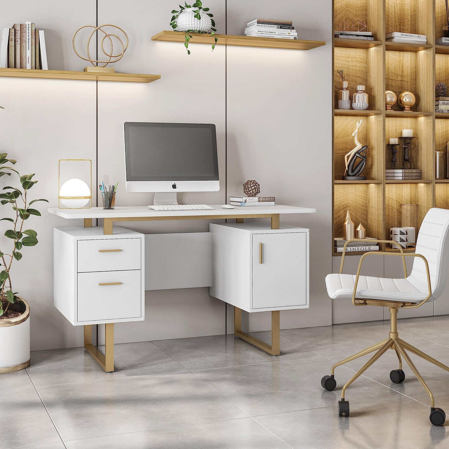 Techni Mobili Storage Drawers and Cabinet 51.25” W-Modern Office Large Floating Desktop Surface Desk, 23.6" D x 51.2" W x 29.8" H, White/Gold
