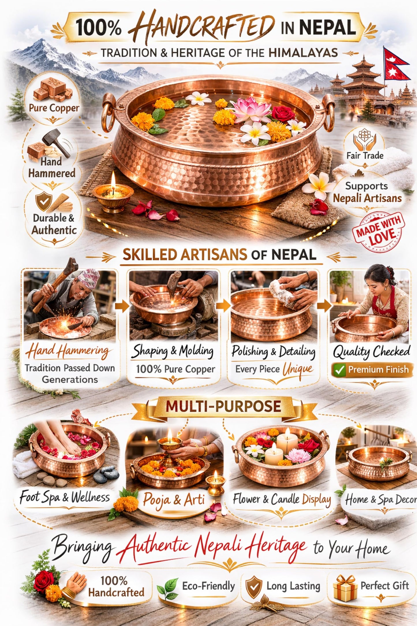 QT Handcarved Pure Copper Nepali Khadkulo – 11"-12" Handmade Foot Spa Bowl | Pedicure Soak Basin, Copper Water & Flower Display Bowl for Pooja, Prayer, Arti, Rituals, Ayurveda & Home Décor