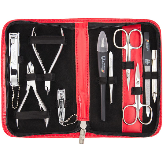 3 Swords Germany - brand quality 10 piece manicure pedicure grooming kit set for professional finger & toe nail care scissors clipper fashion leather case in gift box, Made by 3 Swords (03614) Red