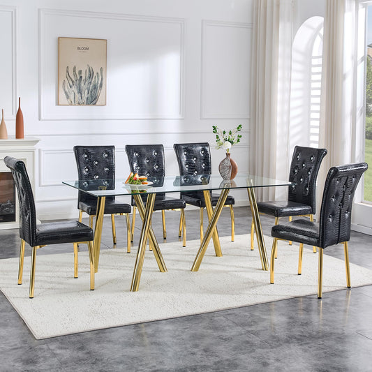 Vohward 71" Tempered Glass Dining Table Set for 6, 7 Piece Glass Dining Room Table Set with 6 Black Upholstered Chairs, Gold Metal Legs Modern Rectangular Kitchen Table and Chairs Set for Home