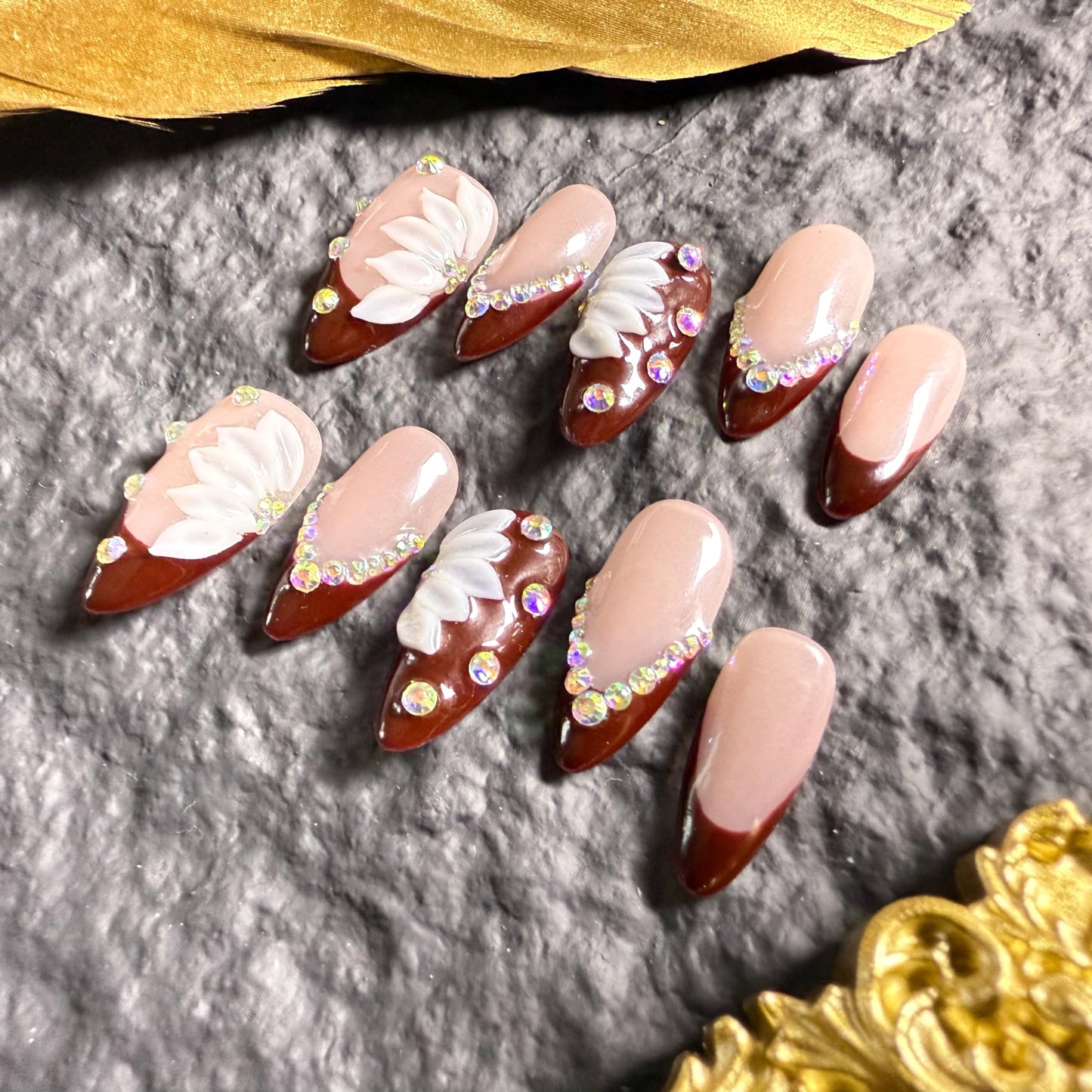 Handmade Press On Nails Almond Medium Elegant Cherry Red French With Rhinestone Detail Handmade Nails 3d Dloral Reusable Wedding Prom And Festival Acrylic Press On Nails (Medium)
