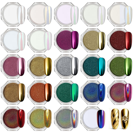 Artdone 24Jars Chrome Nail Powder Magic White Pearl Kit Colored Mirror Effect Silver Gold Metallic Stuff Holographic Nail Pigment Powder for Resin Craft & Nail Art Accessories Decoration Supplies