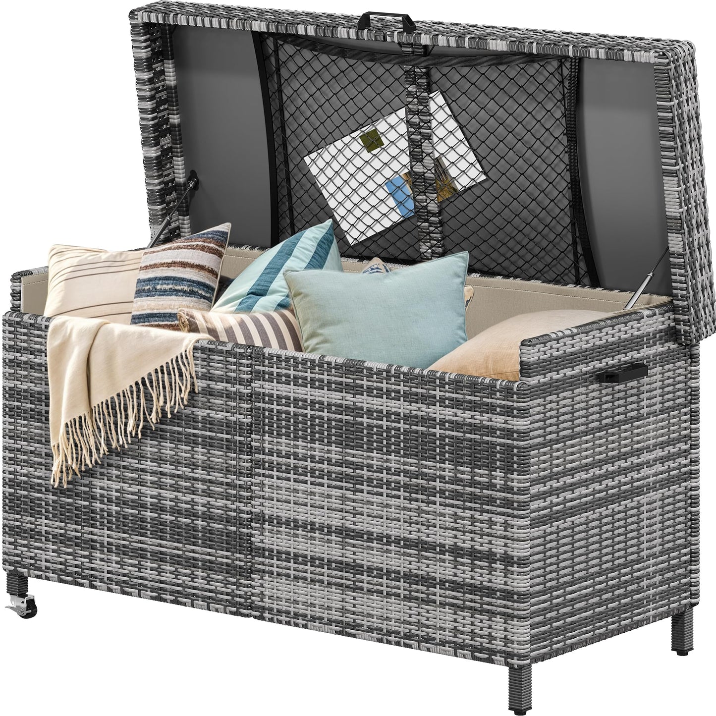 YITAHOME 200 Gallon Outdoor Storage Box w/Storage Net, Rattan XL Outdoor Deck Box, Patio Cushion Storage, Outside Storage Box for Patio Furniture, Garden Tools, Pool Sports Equipment (Grey)