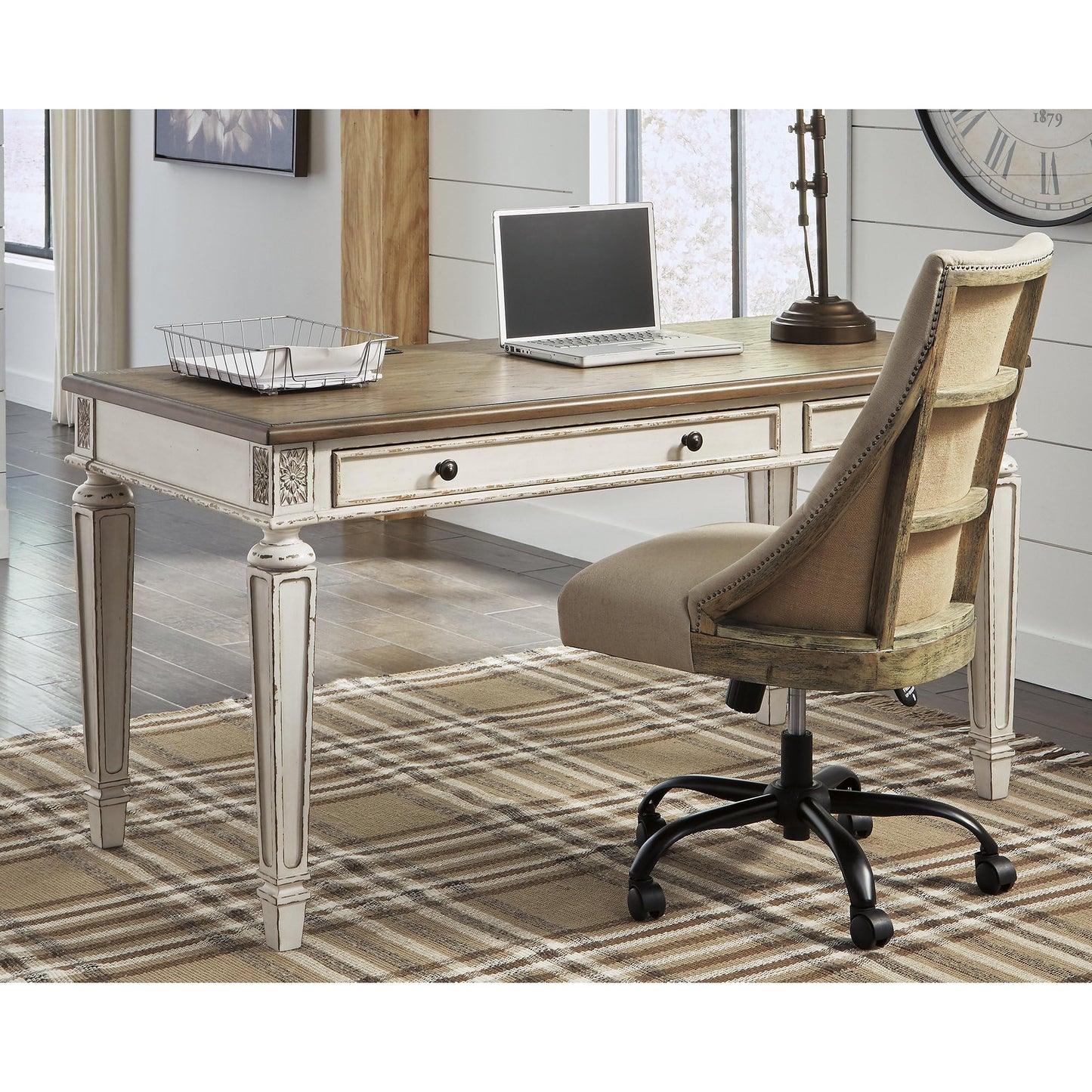 Signature Design by Ashley Realyn Farmhouse Home Office Desk, 2 Drawers, Drop-down Drawer, USB Charging, Wood, 60" W x 28" D x 31" H, Chipped White and Brown