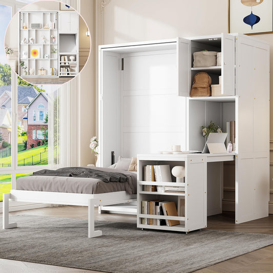 DNYN Rotating Murphy Bed with Top Cabinet and Extendable Desk for Guest/Study Room, Space-Saving Twin Size Wood Foldable Wall Bed Frame with Side Storage Shelf and Bookshelf, No Box Spring Needed