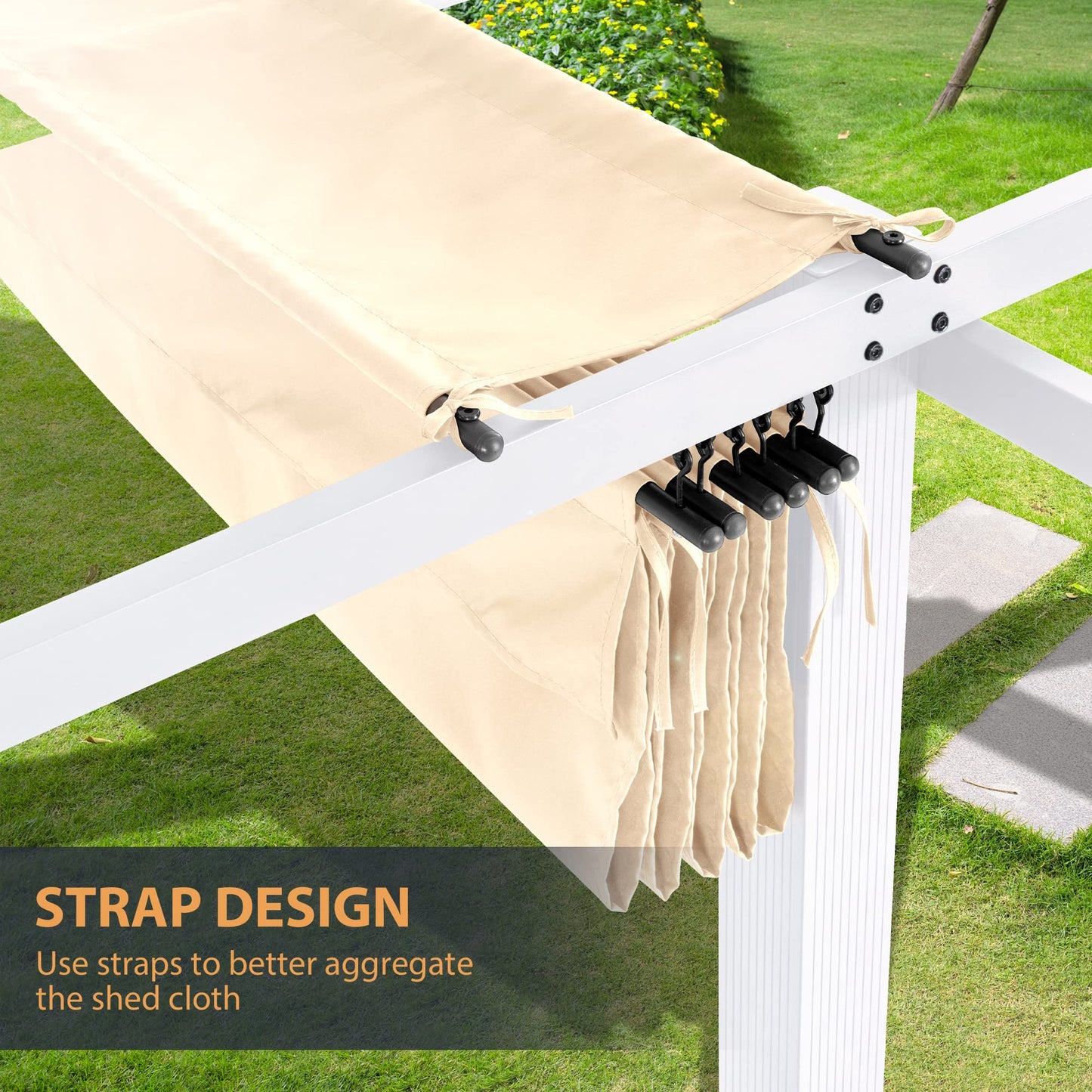 HAPPATIO 10' X 13' Outdoor Retractable Pergola Canopy with White Frame for Backyards, Gardens, Patio Pergola with Sun Shade Canopy (Beige)