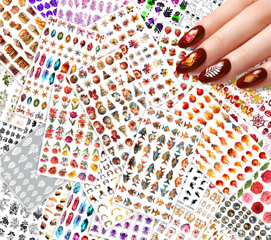30 Sheets Nail Stickers Collection ~ Flame Elements ~ Fire Flames Crystals Stars Ornaments Flowers and Assorted Motifs in Vibrant Detailed Style Creating Bold Dynamic Manicure Decals