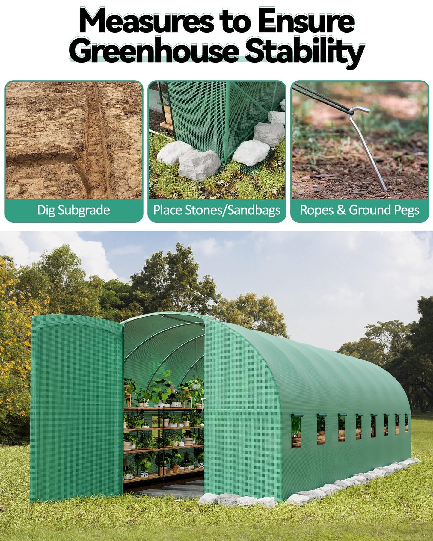 Large 27x10x7 FT Outdoor Walk-in Greenhouse with Swing Door, 16 Mesh Windows, Heavy-Duty Galvanized Steel Frame and Thick PE Cover, Green Garden Plant House for Backyard Gardening