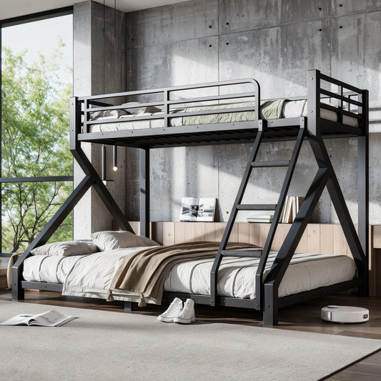 KEIKI Twin XL Over Queen Size Metal Bunk Bed Frame with Ladder & Guardrails, for Teens, Low Profile Design Modern Bunk Bed with Solid Slats, No Box Spring Required, Easy Assembly, for Bedroom, Black