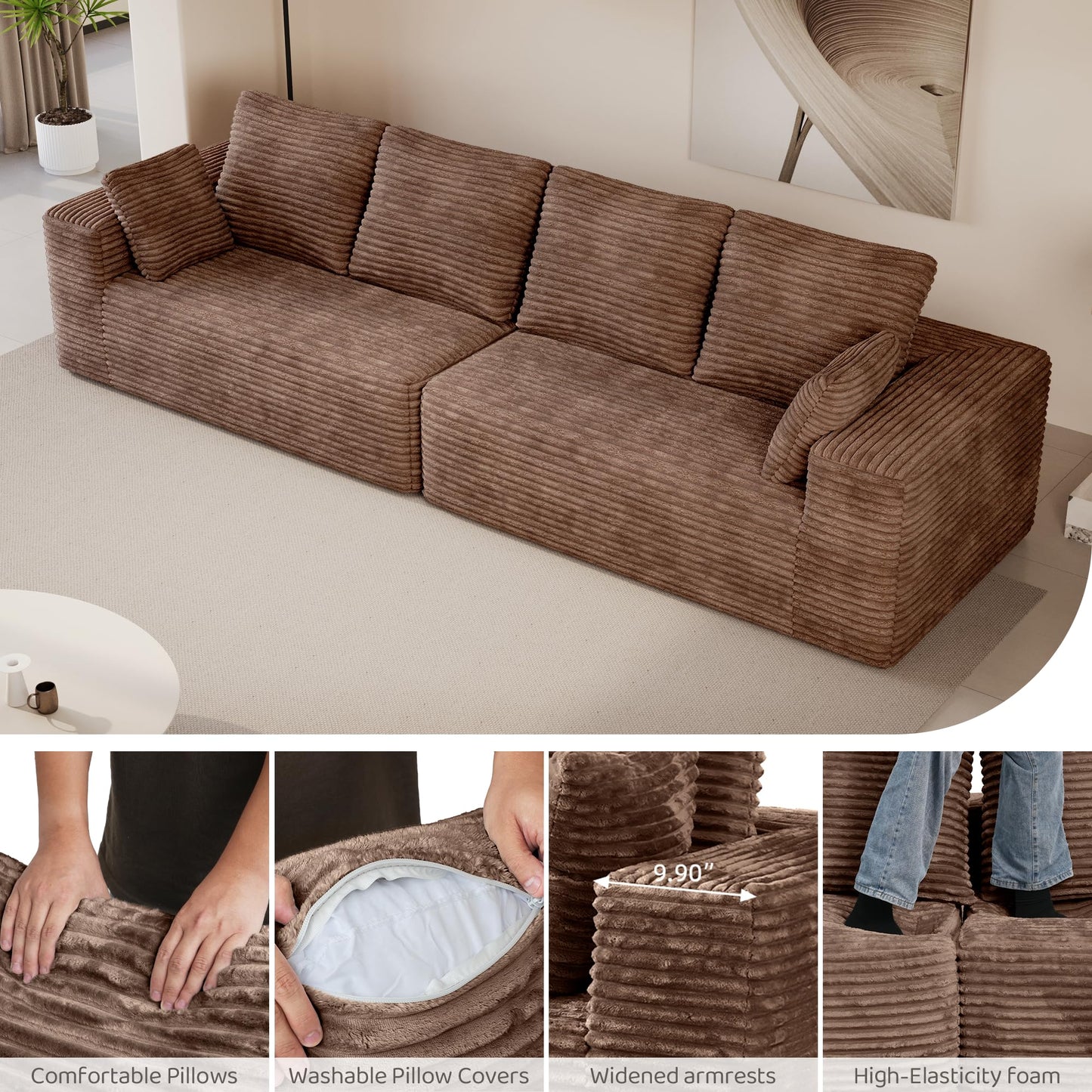 WJShome 134” Modular Sectional Cloud Couches, Upholstered Deep Seat Boneless Sofa for Living Room, Aprartment, No Assembly Required, Brown