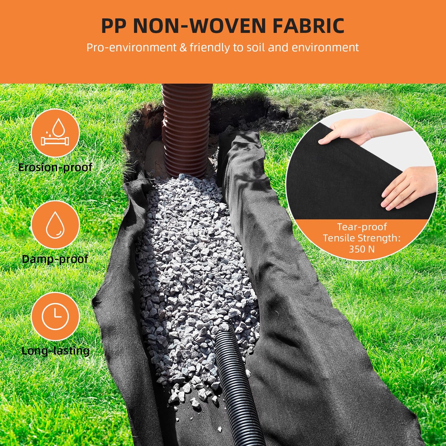 ExploreHorizon 6ft x 100ft Geotextile Fabric, 6oz Polypropylene, 350N Tensile Strength, 440N Load Capacity for Driveway Stabilization, Road Base & Erosion Control