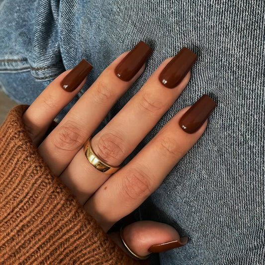 KQueenest Fall Press on Nails Long Medium Square, Dark Brown Fake Nails Medium Coffin, Glossy Sheer Coffee Brown Acrylic Nails Press ons, Reusable Soft Gel Glue on Nails for Women DIY Manicure