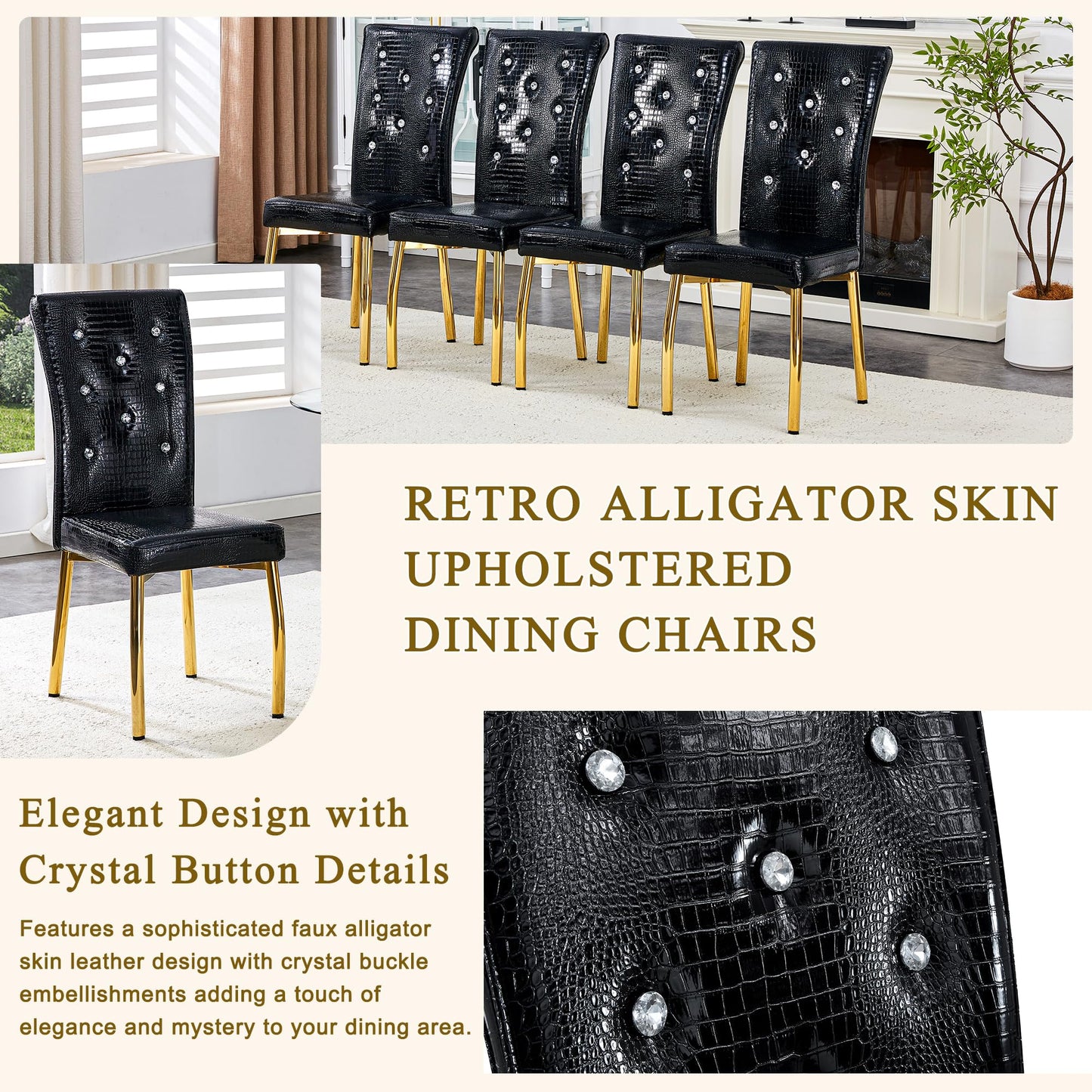 Vohward 71" Tempered Glass Dining Table Set for 6, 7 Piece Glass Dining Room Table Set with 6 Black Upholstered Chairs, Gold Metal Legs Modern Rectangular Kitchen Table and Chairs Set for Home