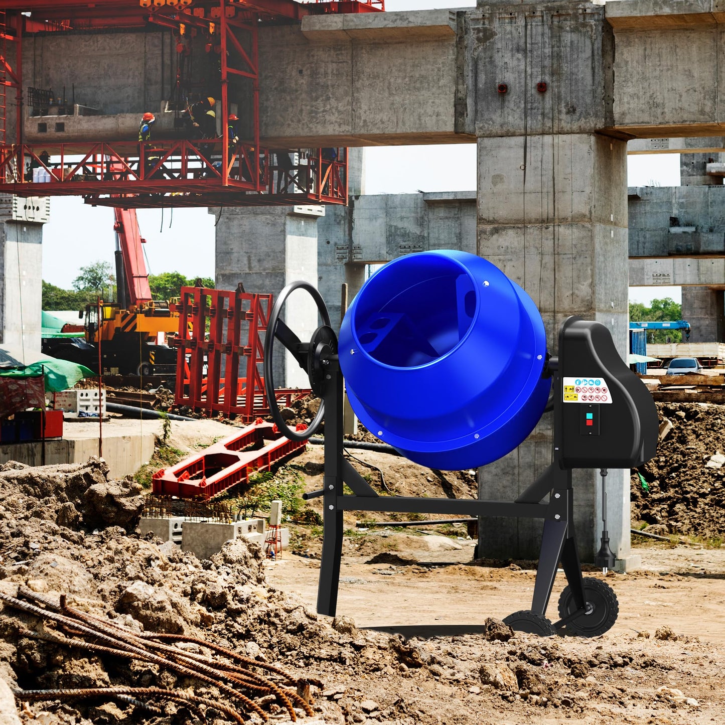 BSMTEK 4.3 Cubic Ft Electric Concrete Mixer, 3/5HP, 450W Portable Concrete Mixer Machine with Stand And Wheels for Stucco, Mortar, Seeds (Blue)