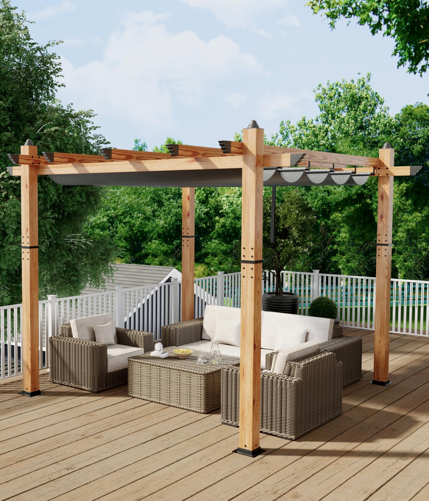GAOMON 10x10 Ft Outdoor Aluminum Pergola, Heavy-Duty Woodgrain Patio Pergola with Retractable Canopy Sun Shade Cover, UV-Resistant Metal Gazebo for Existing Deck Backyard Garden Porch, Gray