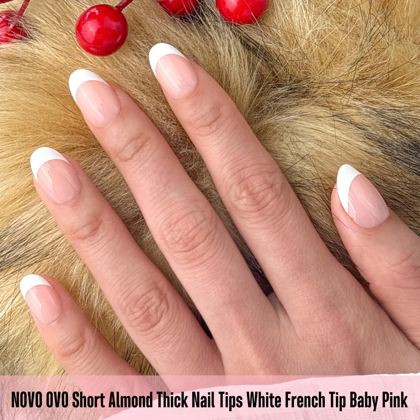 NOVO OVO Extra Short White French Tip Almond Nail Tips Press on BABY PINK, Thick Soft Gel Fake Acrylic Extension, Need Builder Gel Top Coat, No Glue Included, for Salon DIY x 16 Sizes 224 pcs