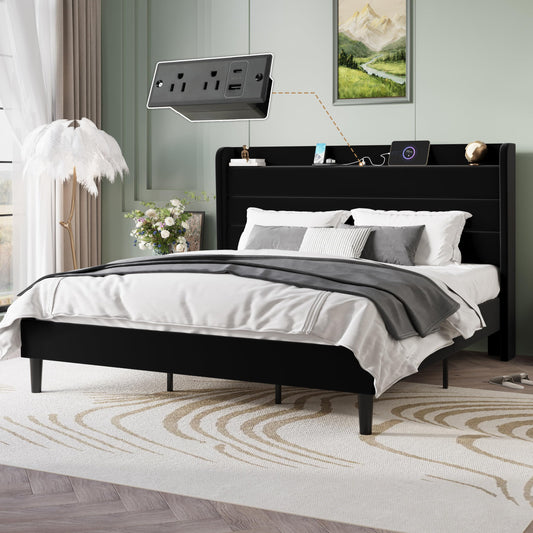 SHA CERLIN King Size Bed Frame with Charging Station, Velvet Upholstered Platform Bed, Wingback Storage Headboard, Type-C & USB Ports, Strong Wooden Slats, No Box Spring Needed, Easy Assembly, Black