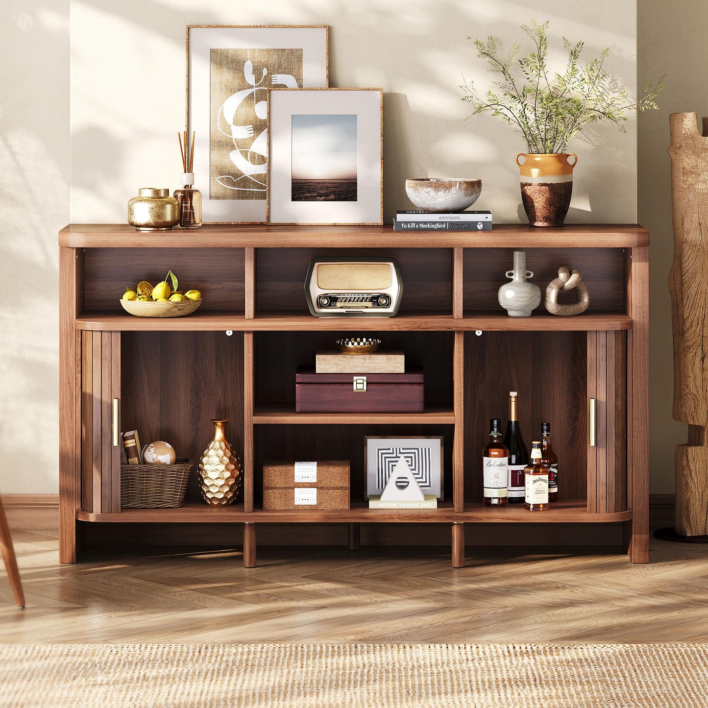 IRONCK 55" Sideboard Buffet Cabinet with Storage, Fluted Credenza with Sliding Door & Open Shelf, Mid Century Modern Accent Coffee Bar Console Table for Kitchen, Living Room, Entryway, Walnut