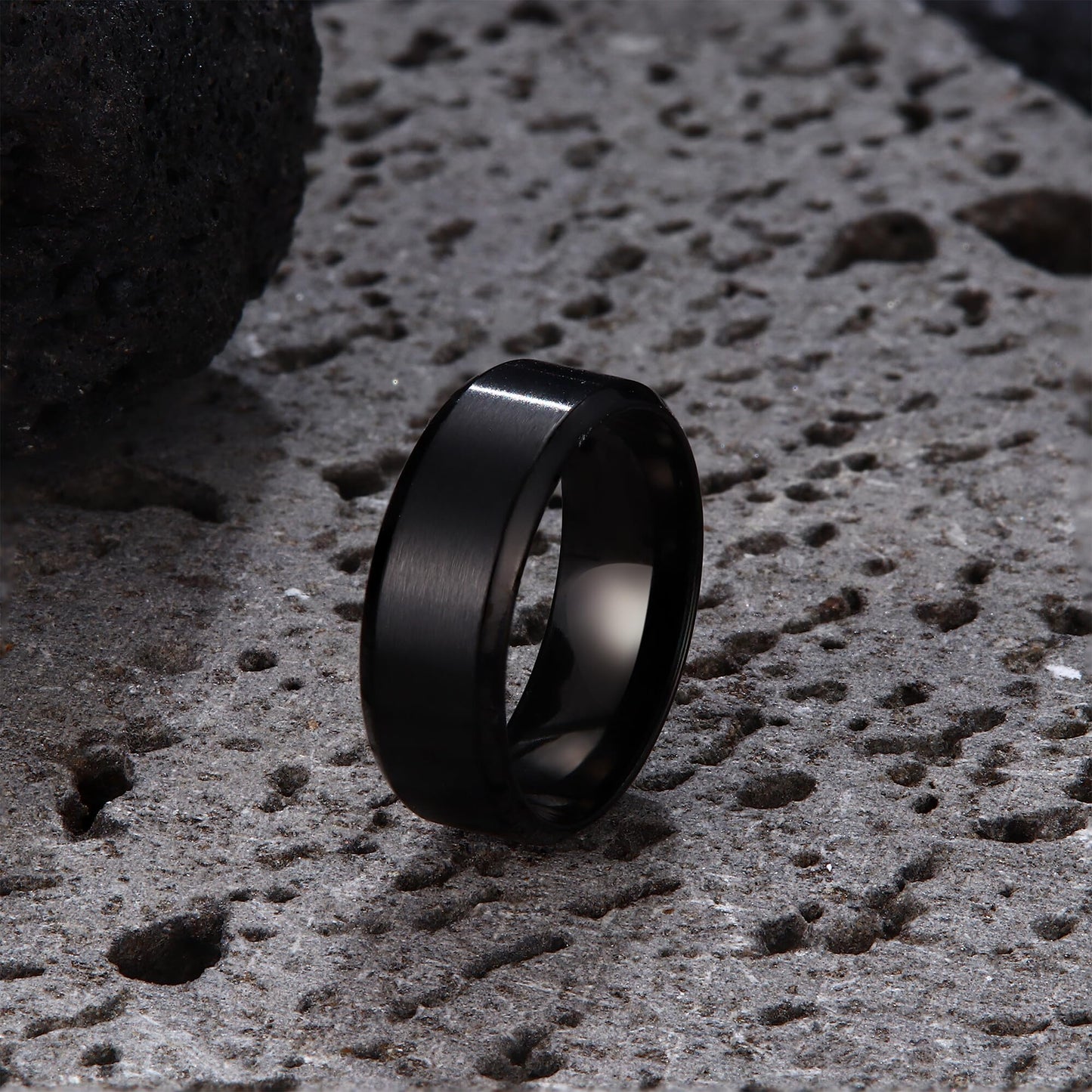 Jstyle Stainless Steel Rings for Men Women 8MM Wedding Band Rings Matte Surface - Beveled Polished Edge Mens Ring Size 8 Black Ring for Men