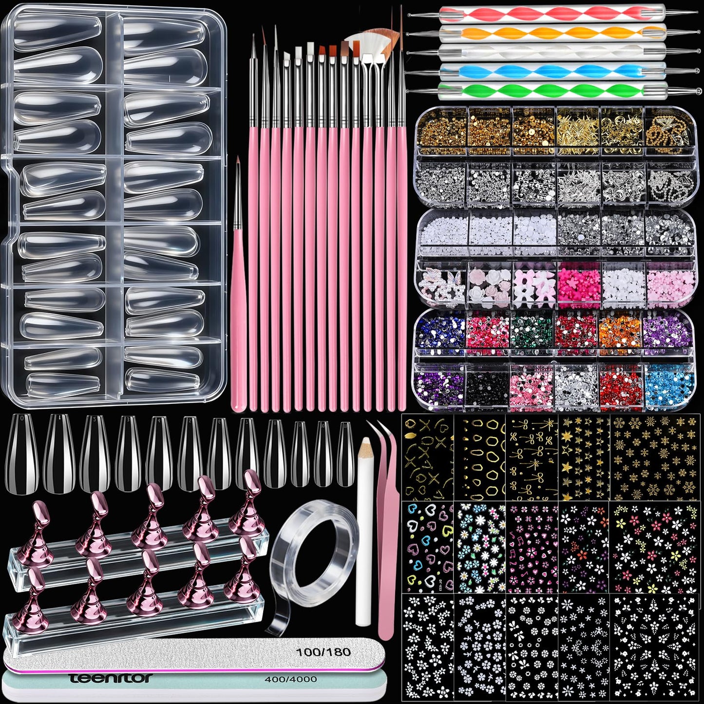 Teenitor Acrylic Nail Kit with Clear Coffin Nail Tips, Nail Charms and Gems, Nail Stickers, Nail Art Brushes, Nail Dotting Tools, Nail Stand, Press On Nails Kit for DIY Nail Art
