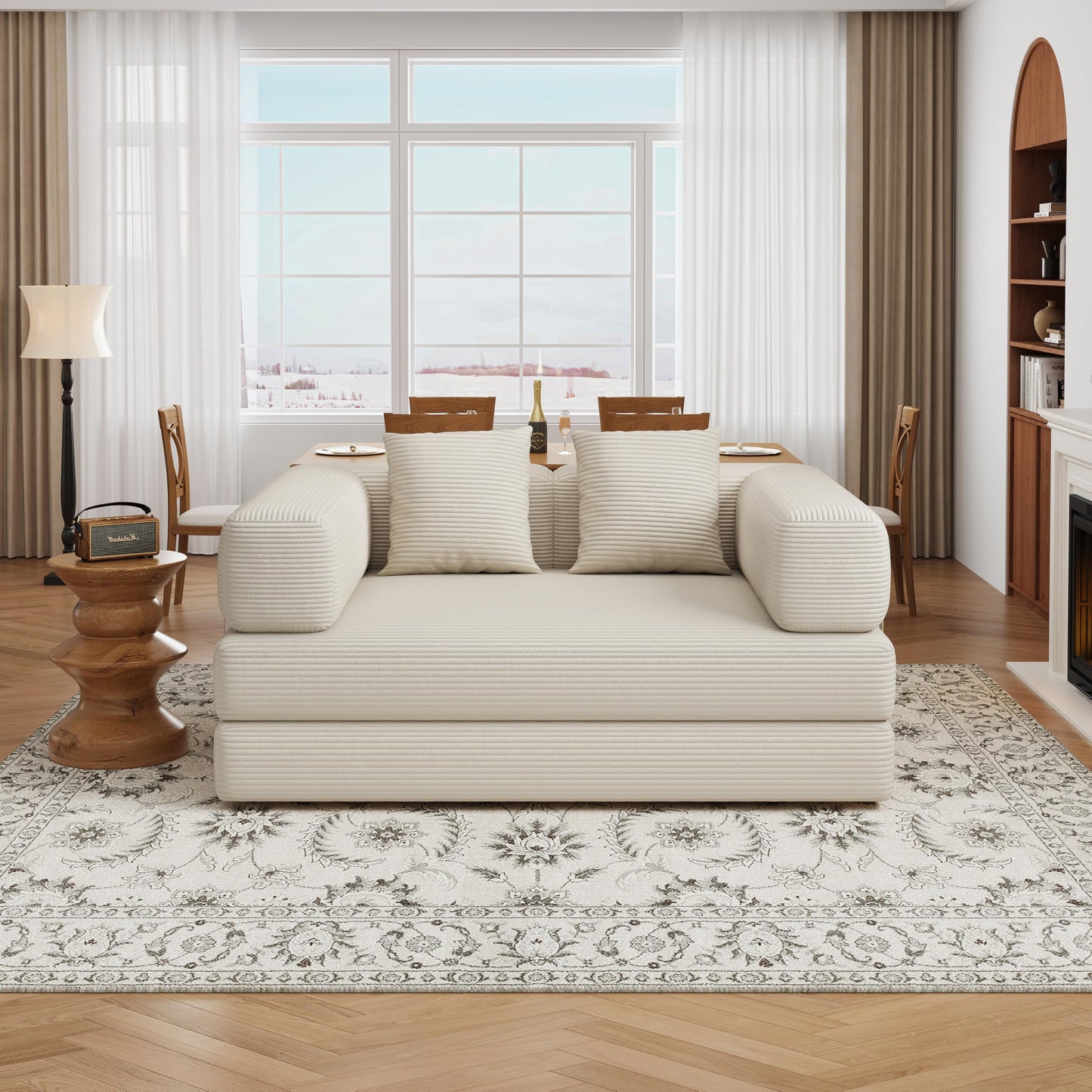 BSHOMGI 4 in 1 Futon Sofa Bed Queen Size - Foldable Convertible Sleeper Sofa Couch, Removable Washable Corduroy Cover, Space Saving Floor for Living Room (Beige, 53.15" Double Sofa)