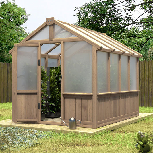 Mupater 6 x 8 FT Wooden Polycarbonate Greenhouse with Ventilated Window and Lockable Door, 6mm PC Panels for UV Protection, Walk-in Greenhouse Kit for Outdoor, Garden and Backyard, Brown