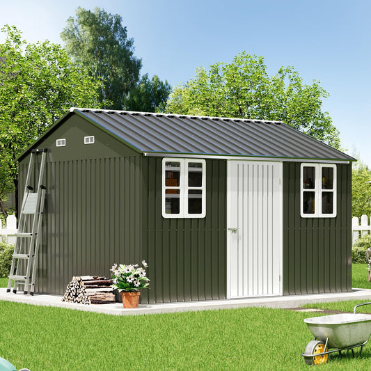 VanAcc 10 x 12FT Outdoor Storage Shed with a Lockable Hinged Door and 2 Windows, Nordic Cottage Metal Shed for Backyard, Garden, Patio, Dark Grey/White