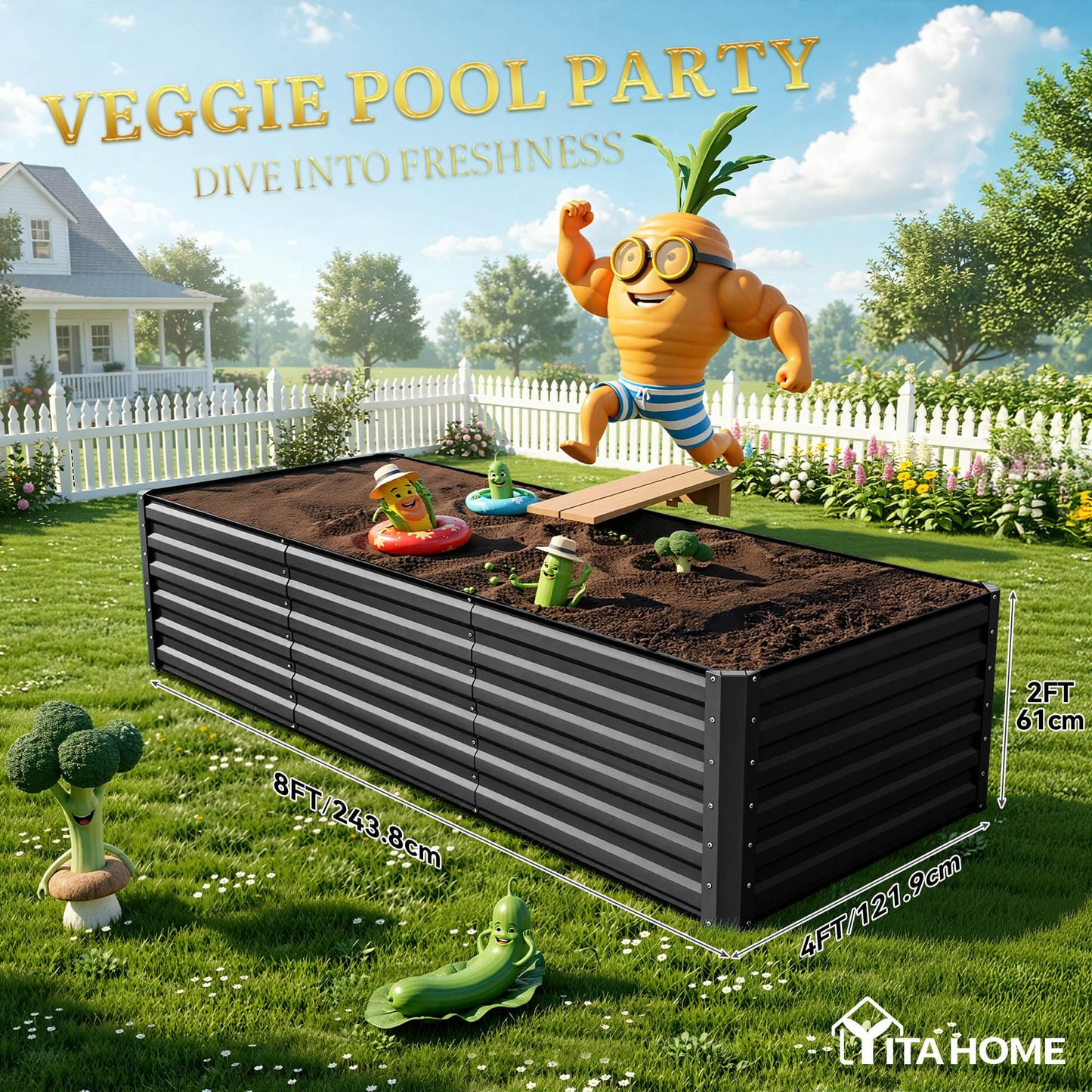 YITAHOME 8x4x2ft 2pcs Large Raised Garden Bed, Galvanized Metal Planter Box with Gloves, Ground Nails, Support Rod & Safety Rubber, Outdoor Above Ground Planters for Plants Vegetables Flowers, Black