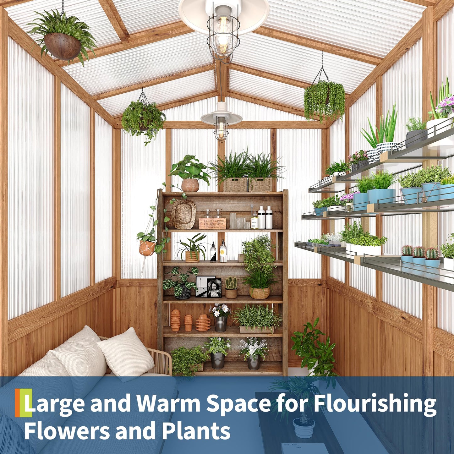 6x10FT Wooden Greenhouses for Outdoors, Wooden Walk-in Green House with Cedar Frame, Greenhouse Kit with 6MM Thick Polycarbonate Panel