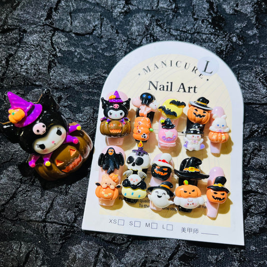 Press on Nails Handmade Nails 10Pcs Black Cartoon Cute Manual Press on Nails with Ring for Women Party Holiday Photo 33mm Long Size L