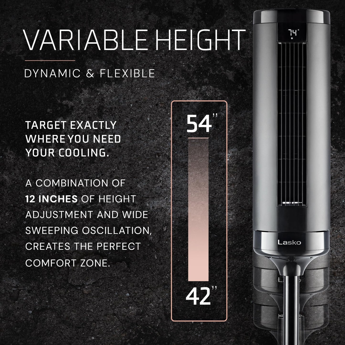 Lasko Elevation Adjustable Tower Fan 42”-54”, Pedestal Fan, 31 ft/s Airflow, Quiet 28 dB, 90° Oscillation, 12h Timer, Remote, Black, EST100