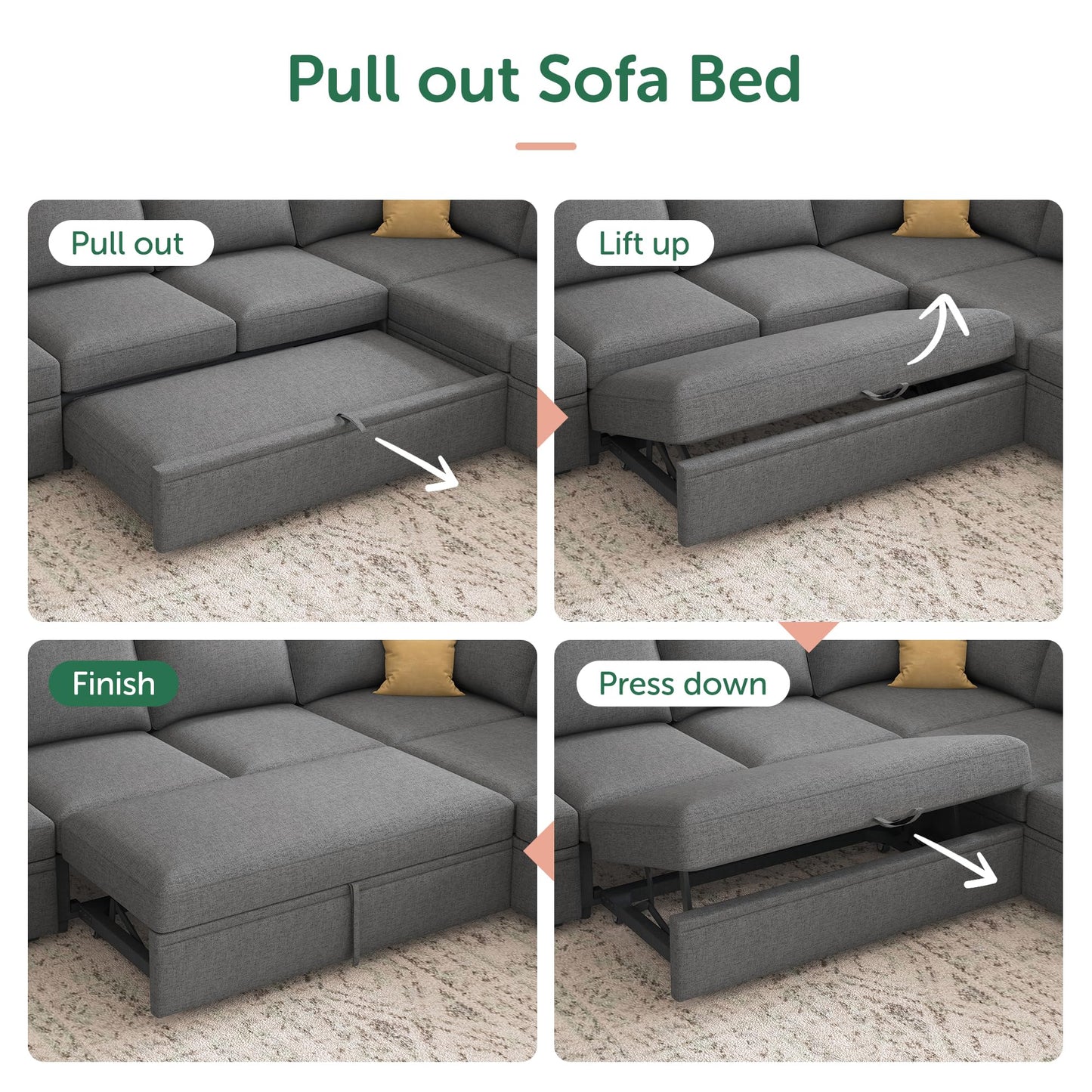 HONBAY Sectional Sleeper Sofa with Pull Out Bed, U Shaped Couch with Storage, Modular Sectional Couches for Living Room, Dark Grey