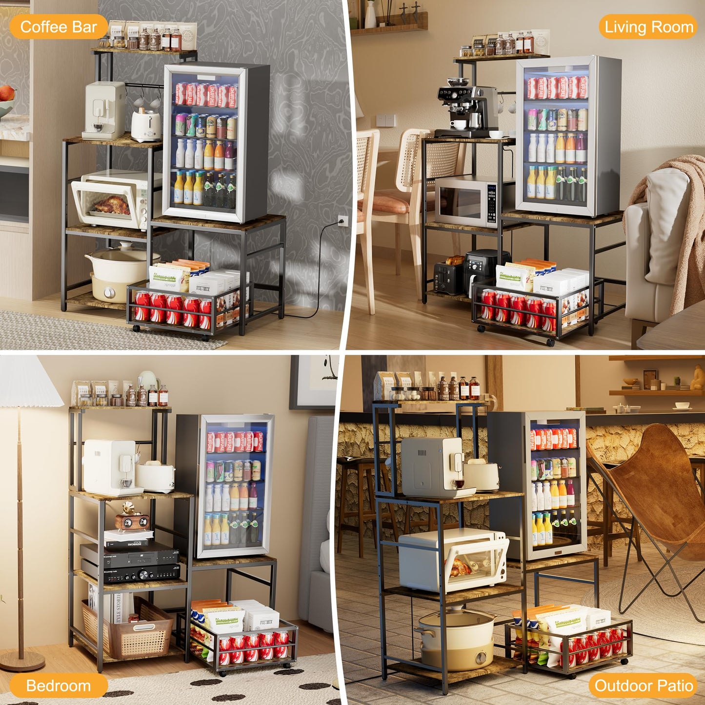 HYPIGO Mini Fridge Stand with Storage, Coffee Bar Cabinet Station with Power Outlet, Kitchen Baker’s Rack with Adjustable Shelf, Movable Basket, Refrigerator Organizer for Kitchen, Dorm, Home, Office