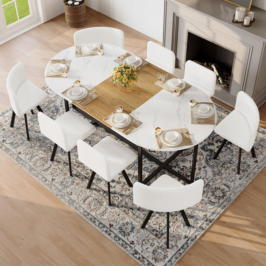 KEIKI 9-Piece Dining Table Set for 8, 78.7" Large Extendable Kitchen Table Set with 8 PU Leather Chairs, Modern Oval Wooden Table with Faux Marble Tabletop for Gatherings, Dining Room, Double White