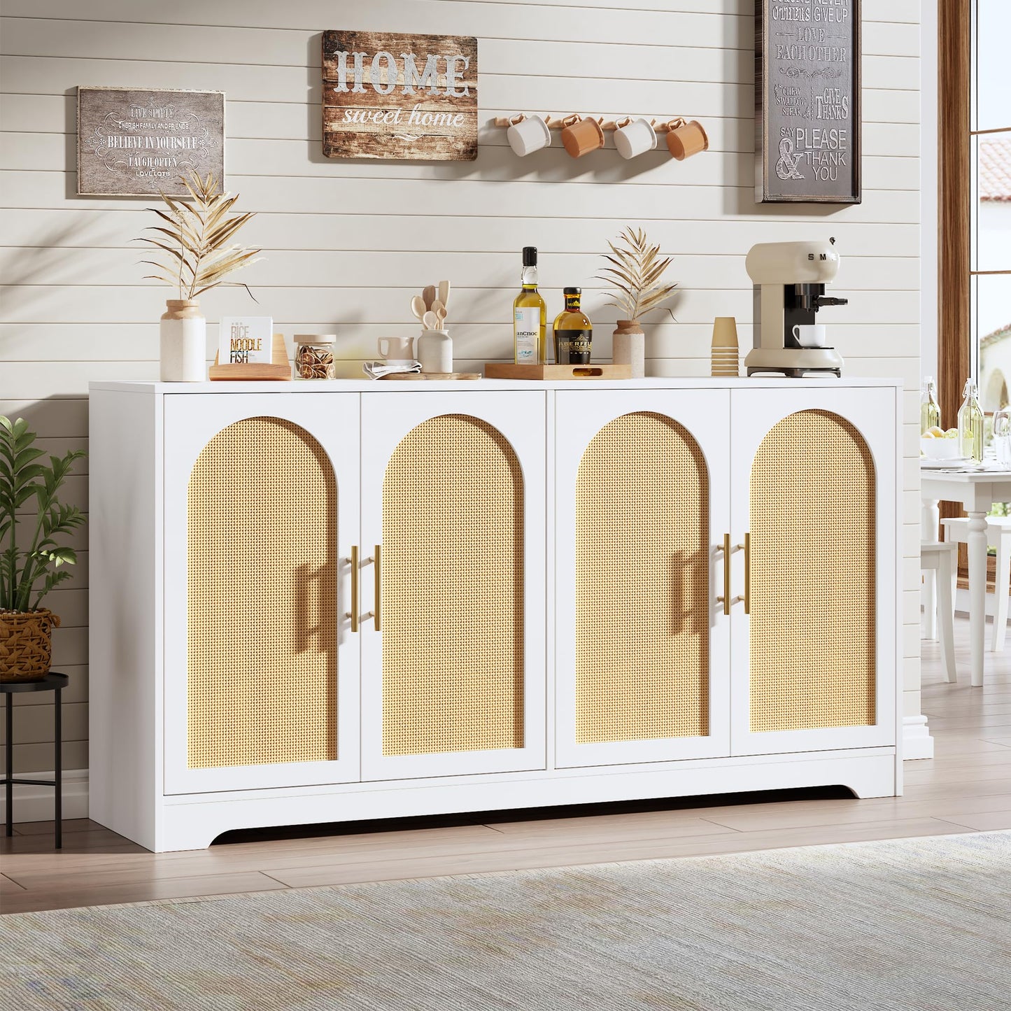 GarveeHome 59” Sideboard Buffet Cabinet - Large Credenza Storage with 4 Rattan Doors, Modern Console Table Accent Coffee Bar Cabinet for Living Room, Kitchen, Hallway, Dining Room, Entryway, White