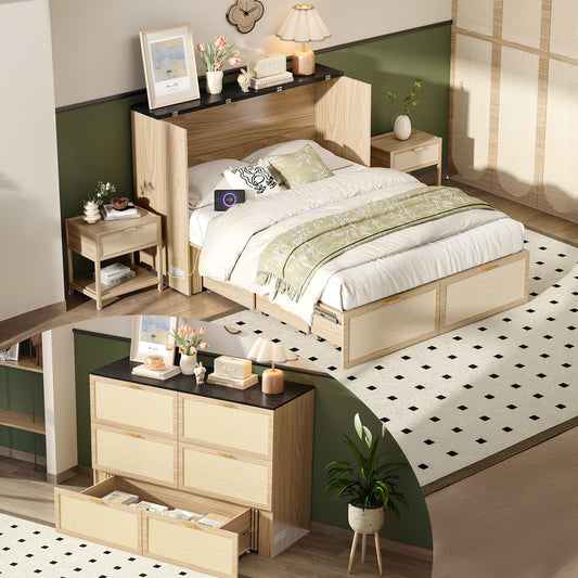 VINGLI Full Size Rattan Murphy Bed with Storage Drawer,2 Charging Station, Boho,Hideaway Paltform Panel Bed for Small Spaces,Guest Room,Office,Apartment, Space-Saving Cabinet Bed,Oak White
